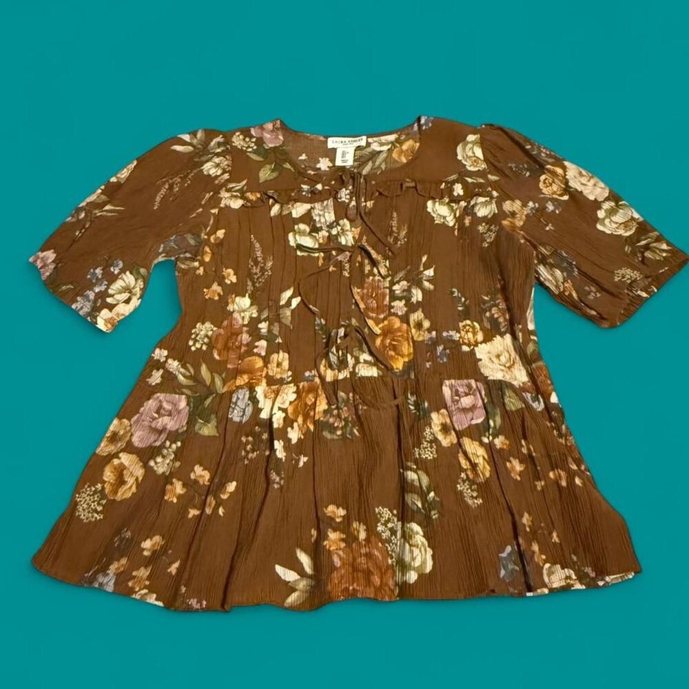 Laura Ashley Brown Floral Cottagecore Peasant Blouse Top Puff Sleeve sz L